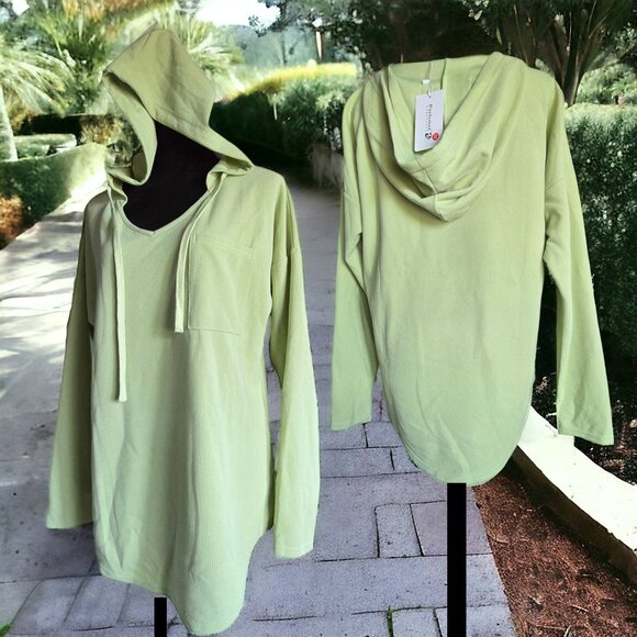 NWT MORHUDUCK ( XL ) Light Green Hooded Sweatshirt V Neck Breast Pocket - Picture 2 of 8